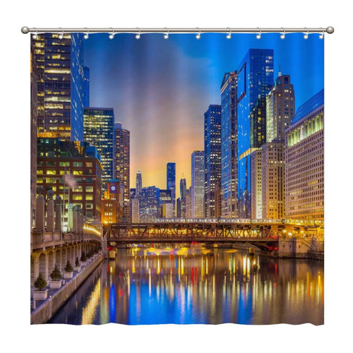 Shower Curtains Chicago City Center and Chicago River at Night 72 x 72 Inch Shower Curtain Set with 12 Hooks Home Bathroom Bathtubs Decor Polyester Fabric Machine Washable Durable