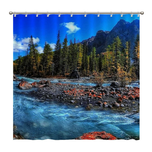 Shower Curtains Mountains, Autumn, River, Forest 72 x 72 Inch Shower Curtain Set with 12 Hooks Home Bathroom Bathtubs Decor Polyester Fabric Machine Washable Durable