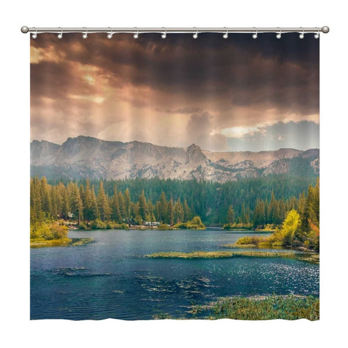 Shower Curtains Scenic Mountain Landscape and River 72 x 72 Inch Shower Curtain Set with 12 Hooks Home Bathroom Bathtubs Decor Polyester Fabric Machine Washable Durable