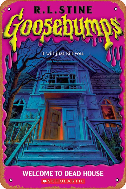 Shvieiart Vintage Tin Signs Goosebumps Welcome to Dead House Book Cover Poster Metal Signs Poster Wall Decor Design for Cafes Bar Pub Beer Club Wall Home Decor 8x12inch