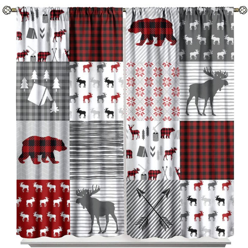 Moose Bear Curtains,Vintage Country Christmas Decor Grey Red Plaid Deer Patchwork Style Blackout Window Door Curtains for Bedroom Living Room Home Decor W42xL54in