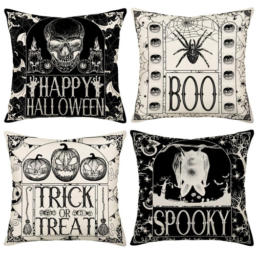 Yameeta Halloween Pillow Covers 18x18 Inch Set of 4 Skull Bat Spider Spooky Decoration Throw Pillow Cover Skeleton Halloween Scary Gothic Black White Cushion Case Zipper Linen for Sofa Couch Bed Decor