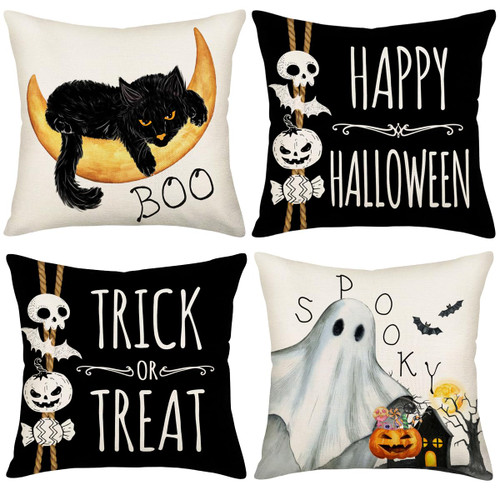 Happy Halloween Throw Pillow Covers 24x24 Inch Outdoor Decorative Holiday Seasonal Sofa Pillow Cover Trick or Treat Black Cat Ghost Boo Spooky Home Decor Cushion Cases Set of 4 for Couch Bed Porch