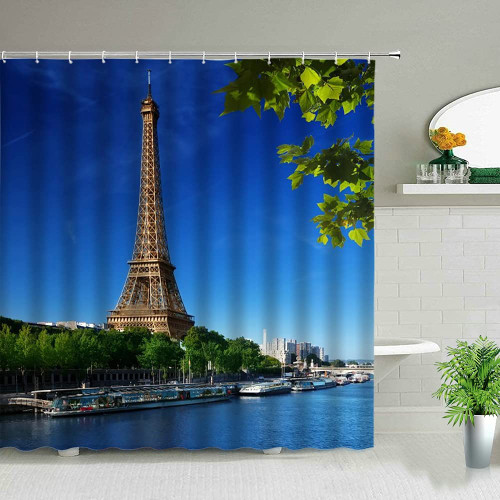 DODOUNA Paris Scenery Blue Sky Shower Curtains Tree Plant Landscape Bathtub Decor Bathroom Curtain Set with Hook 71X71 inch