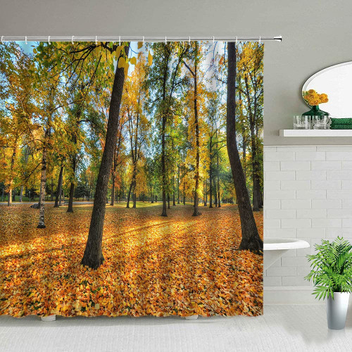DODOUNA Natural Scenery Shower Curtains Forest Trees Creek Spring Autumn Landscape Bathroom Curtain Set Background Decor Cloth with Hook 71X71 inch