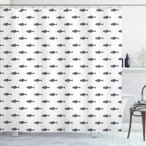 DODOUNA Ocean Shower Curtain Hand Drawn Sketchy Sealife Schoal of Fish Whales Dolphins Artwork Bathroom Decor Set with Hooks 71X71inch