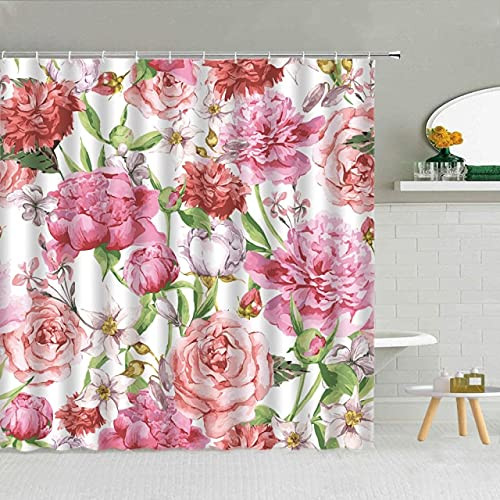 dodouna Watercolor Pink Rose Flower Green Leaves Shower Curtain Bathroom Decor Waterproof Fabric Hooks Curtains Set 71x71 inch