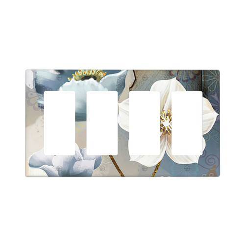 Flower 4-Gang Quad Rocker Wall Plate Decorative Light Switch Cover for Kitchen Bedroom Bathroom Farmhouse Switches Faceplate White Blue