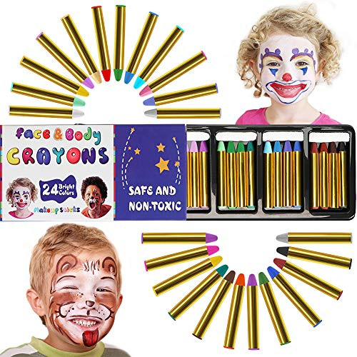 COGGIFEL 24 PCs Face Body Crayons for Kids Safe Non-Toxic Washable Body Crayon Kits Cosplay Halloween Makeup Face Paint Crayons Boys Girls