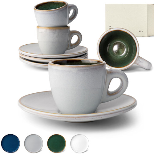 KIVY 3 oz espresso cups set of 4 - Italian style espresso cups and saucers - Stoneware espresso cup set - Demitasse cups set of 4 - Espresso shot cups - Demi tasse cups - Espresso cups and saucers