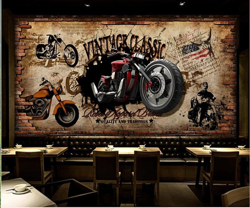 Custom Size Wall Murals?Retro Motorcycle Nostalgic Brick?Removable Peel and Stick Self-Adhesive Wall Murals Large Photo Wallpaper