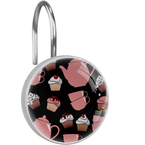 Shower Curtain Hooks Rings, Rust-Resistant Metal Glide Shower Hooks for Bathroom Shower Rods Curtains Set of 12 Cute Pattern with Cupcakes