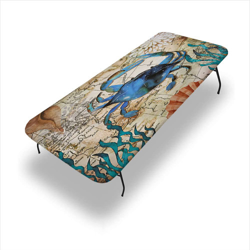 DWADW Crab Tablecloth for Folding Table, Marine Animals Nautical Blue map of Coastal Life Sailing on The sea, Suitable for Rectangular Table Home Interior, 24"x 48" Table Cover