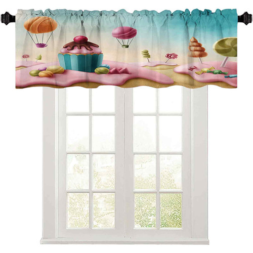 LIGUTARS Rod Pocket Curtain Valance, 36" W x 18" L Fantasy Candyland with Cupcake Bonbon Lollipops Fairytale Delicious Sweets L Pocket Window Curtains Valance for Kitchen Room Multicolor