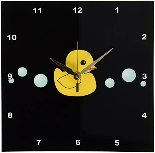 3dRose dpp_113162_1 Cute Yellow Rubber Duckie Cartoon with Soap Bubbles-Kawaii Ducky on Black-Adorable Sweet Duck-Wall Clock, 10 by 10-Inch
