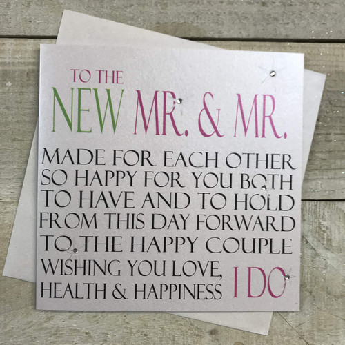 WHITE COTTON CARDS to The New Mr & Mr, Hand Embellished Gay Wedding Card, Code N51a