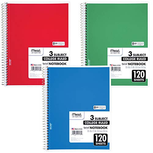 Mead Spiral Notebook, 3 Subject, College Ruled Paper, 120 Sheets, 10-1/2" x 8", Color Selected For You (05748)