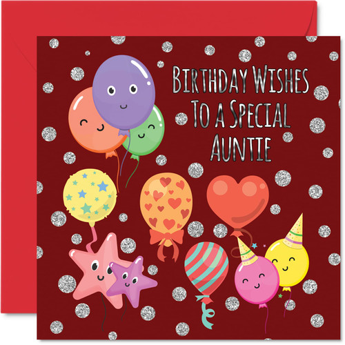 Stuff4 Fun Birthday Cards for Auntie - Birthday Balloons - Happy Birthday Card for Aunt from Nephew Niece, Aunty Birthday Gifts, 5.7 x 5.7 Inch Greeting Cards Gift for Auntie Aunt Aunty