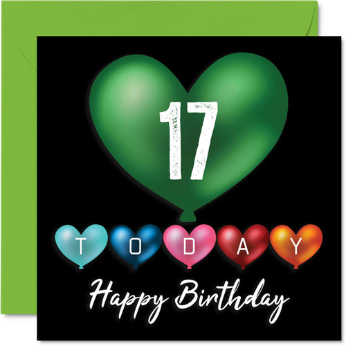 Fun 17th Birthday Cards for Boys Girls - Heart Balloons - Happy Birthday Card for Son Daughter Brother Sister Grandson Granddaughter Niece Nephew Cousin, 5.7 x 5.7 Inch Greeting Cards