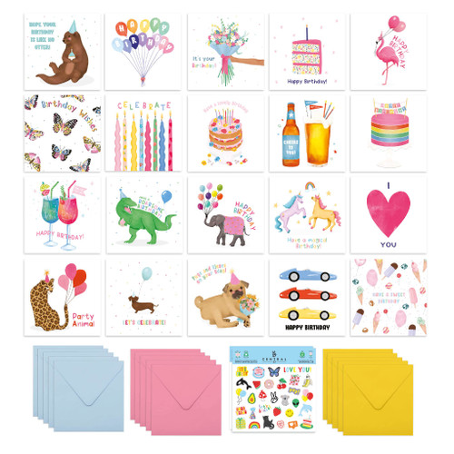 CENTRAL 23 20 Assorted Birthday Cards With Envelopes - Watercolor Designed Birthday Cards For Family, Men and Women - Blank Greeting Cards with Fun Stickers
