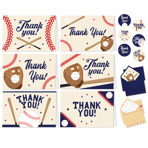 24 Baseball Thank You Cards with Envelopes Baseball - 6 Designs Sports Thank You Cards Kids, Kids Thank You Cards with Envelopes, Baseball Cards, Thank You Cards for Kids, Kid Thank You Notes Kids