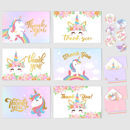 24 Gold-Foiled Unicorn Thank You Cards with Envelopes - 6 Designs Kids Thank You Cards with Envelopes, Unicorn Thank You Cards Kids Birthday, Thank You Cards Unicorn, Unicorn Thank You Notes