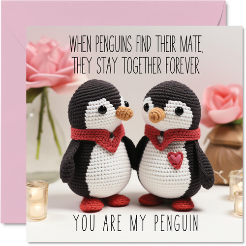 Stuff4 Penguin Valentines Anniversary Card - Knitted Penguins- Cute Romantic Card for Girlfriend Boyfriend Wife Husband Partner Friend Him Her, 5.7 x 5.7 Inch Anniversary Greeting Cards