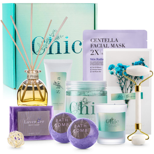 Spa Gifts for Women - Chic Shea & Lavender Combo Spa Kit | Relaxation Gift Basket for Women with 8 Items and A Greeting Card - A Complete Spa Box Spa Baskets Bath Sets for Women Gift for Birthday