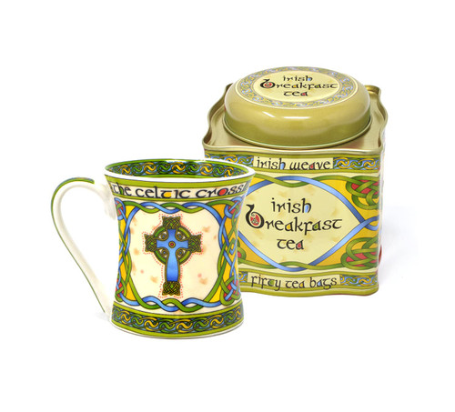Royal Tara Packed Set of 1 Irish Celtic High Cross Bone China Mug & 1 Breakfast Tea - Irish Weave Reusable Tin 50 Count Tea Bags Irish Weave Box