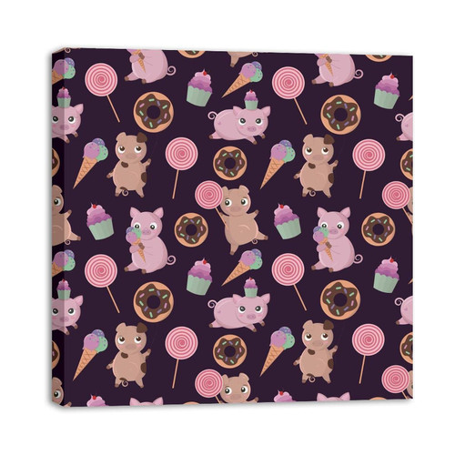 Framed Canvas Wall Art Cute Pig Sweets Donuts Cupcakes Icecream Oil Painting Artwork Picture Posters Wall Decor for Living Room Bedroom Bathroom Office Home Decoration