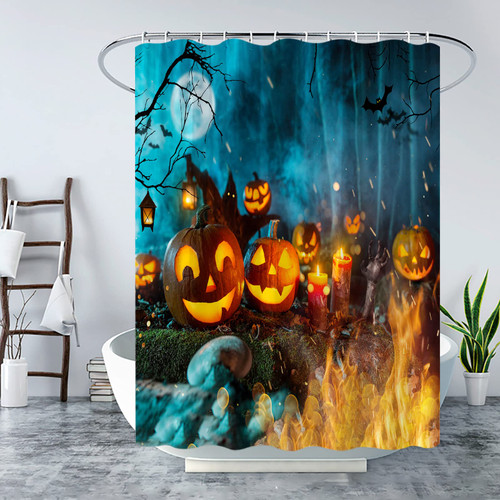 Halloween Shower Curtain Pumpkin Ghost Haunted House Scary on Dead Tree Full Moon Horror Castle Night Courtyard Door Spooky Moon Horrify Grim Reaper Gothic Witch Fabric Bathroom Curtain with Hook