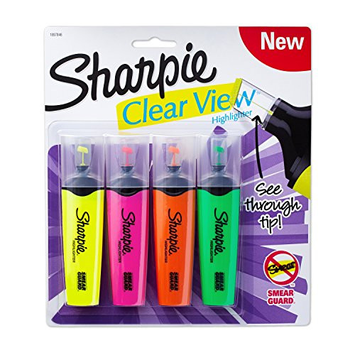 Sharpie 1912769 Clear View Highlighters, Chisel Tip, Assorted Colors, 4-Count