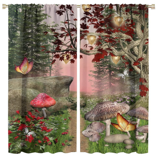 Fantasy Forest Window Curtains,Mushroom Jungle Green Tree Butterfly Gothic Style Blackout Window Door Curtains for Bedroom Living Room Home Decor W42xL45in