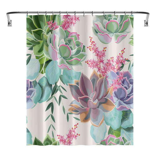 YUYASM Succulents Fabric Shower Curtain Watercolor Tropical Botanical Green Purple Pink Flower Decor Bathroom Bath Curtains with Plastic Hooks 70x70 Inch