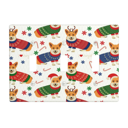Triple Toggle Decorator Light Switch Receptacle Christmas Corgis Pattern Outlet Wall Plate Covers Electric Receptacle Plug Covers