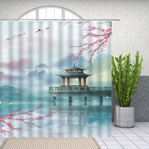 Yadshoti Landscape Shower Curtains Spring Pink Flower and Pavilion Scenery on The Lake Chinese Style Bathroom Decor Polyester Fabric Hanging Curtain Set 70 x 70 Inch with Hooks