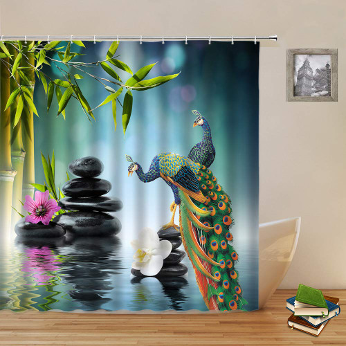 Yadshoti Zen Garden Shower Curtains Beautiful Peacock Spa Green Bamboo Stone Purple White Flower Plant Water Landscape Bathroom Decor Polyester Fabric Hanging Curtain Set 70 x 70 Inch with Hooks