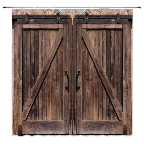 AMHNF Barn Door Shower Curtain Vintage Rustic Wooden Farmhouse Brown Barn Door Plank Western Retro Creative Countryside Art Bathroom Decor Fabric Curtain with Hooks