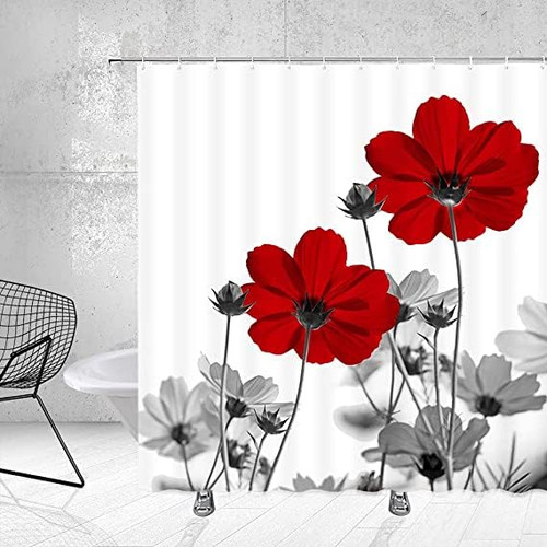 FEIERMAN Red Gray Floral Shower Curtain Simple Elegance Black White Retro Daisy Abstract Flower Polyester Fabric Bathroom Curtains Set with Hooks