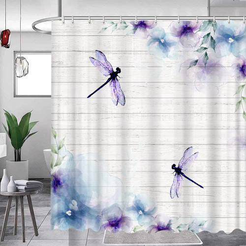 Feierman Retro Floral Dragonfly Shower Curtain,Spring Blue Purple Flowers and Green Leaves Art Print Bathroom Polyester Curtains for Women and Girls Flowered Home Decor