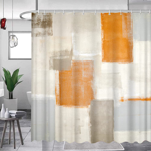 Feierman Abstract Orange Shower Curtain Geometry Gray Brown Oil Painting Ombre Design Grunge Style Brushstrokes Polyester Bathroom Cloth Fabric Curtains with Hooks
