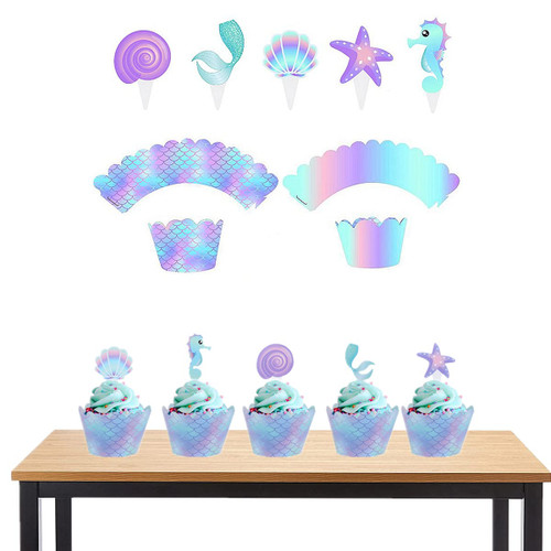 40Pcs/Pack Mermaid Cupcake Toppers Wrappers Double Side, Little Mermaid Theme Decoration Baby Shower Under The Sea Birthday Party Favor 40Pcs/Pack Mermaid Cupcake Toppers Wrappers Double Side, Little Mermaid Theme Decoration Baby Shower Under The Sea Birthday Party Favor