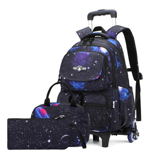 MITOWERMI Galaxy Rolling Backpack for Boys Wheeled Backpack for School, Girls Trolley Bags with Lunch Box for Elementary Middle School Kids Roller Bookbag on 6 Wheels