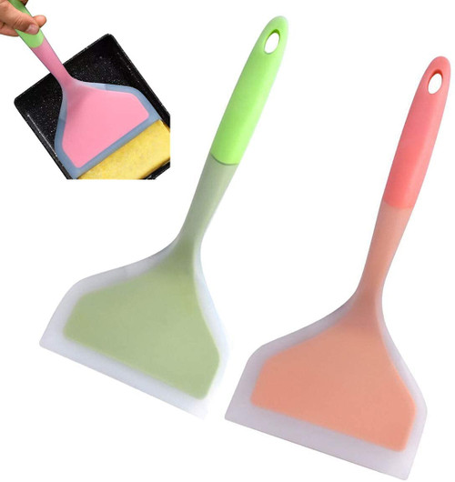 LUOYIMAO Silicone Pancakes Shovel Wide Spatula Turner Nonstick Fried Shovel Fish Spatula Silicone Wide Flexible Turner for Nonstick Cookware Egg Cookie Omelette 2Pieces (Green+Orange)