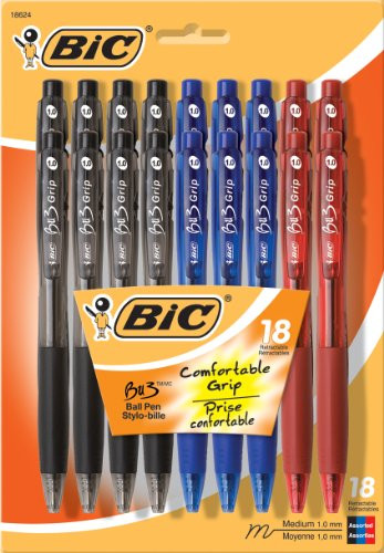 BIC BU3 Grip Retractable Ball Pen, Medium Point (1.0 mm), Assorted Colors, 18-Count