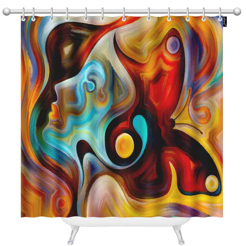 oFloral Fractal Waved Shower Curtains for Bathroom Brown, Red, Orange and Gold Watercolor Polyester Waterproof Shower Curtain with Hooks 72 x 72 Inch