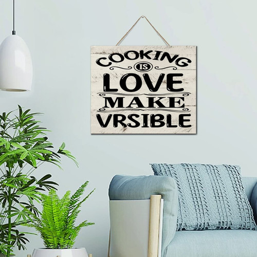Autravelco Rustic Wood Home Sign Cooking Is Love Make Vrsible Cute Wood Plaque Sign Quote Farmhouse Funny Kitchen Quote Wall Decoration Signs for Dinning Room Entryway 10x12 Inch
