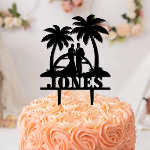 Beach Theme Mr & Mrs Cake Toppers Palm Tree Hawaii Ocean Travel Wedding Black Acrylic Cake Topper Novelty Unique Black Couple Silhouette Bride to Be Decor for Men Women Bride And Groom Party Suppliers