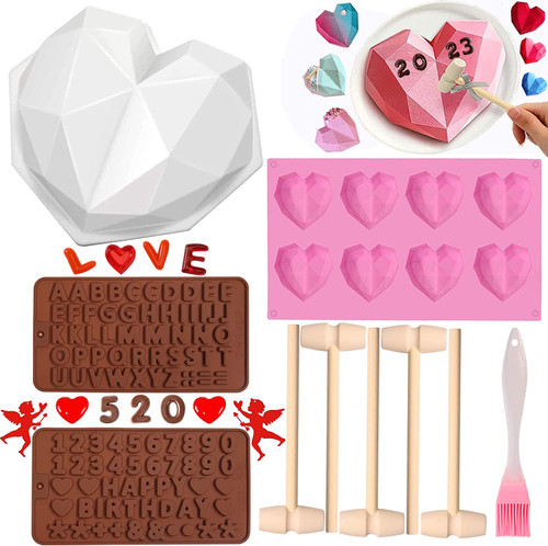 Heart Molds for Chocolate with Hammer, Large Breakable Heart Mold for Chocolate Geometric Heart Silicone Mold 8 Cavity Diamond Heart Shaped Silicone Mold for Valentines Day (Total 10pcs)