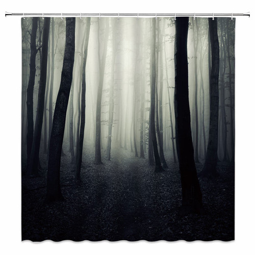 QYVLHD Horror Forest Shower Curtain Mysterious Jungle Dark Fantasy Night Gothic Tall Bushes Shrouded in Dense Fog Haunted House, Polyester Fabric,with Hook Dark (Black, 70 X 70 Inch)